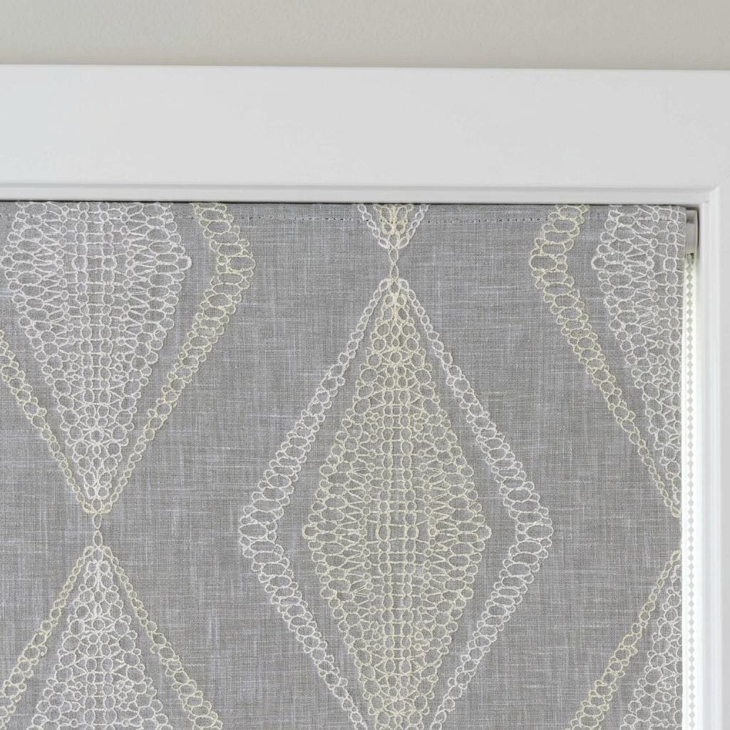 Gray Linen Roman Shade, Ivory Sage Embroidered Diamond Blind, Custom Corded Window Shade, Blackout or Cotton Lined — image 5