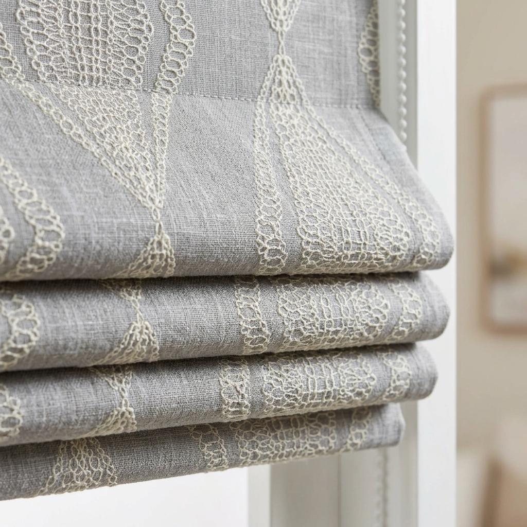 Gray Linen Roman Shade, Ivory Sage Embroidered Diamond Blind, Custom Corded Window Shade, Blackout or Cotton Lined — image 7