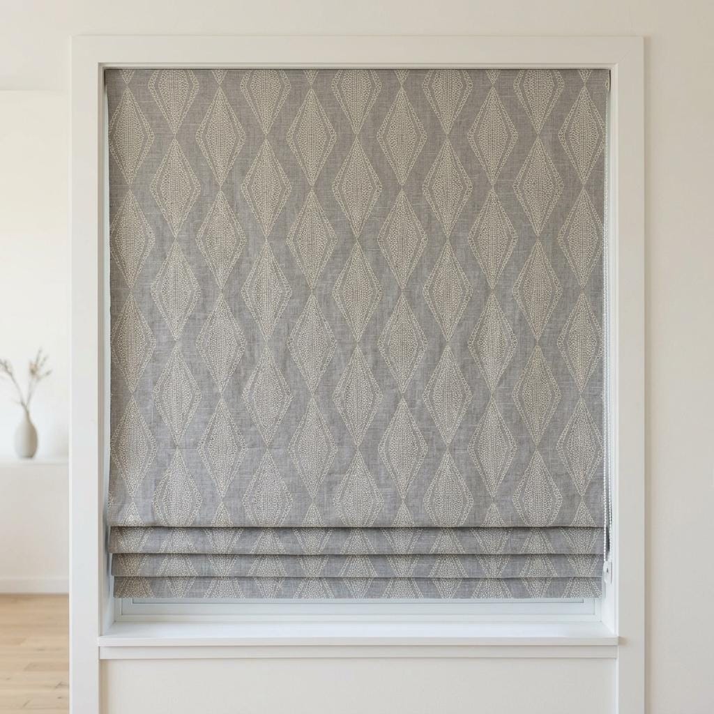 Gray Linen Roman Shade, Ivory Sage Embroidered Diamond Blind, Custom Corded Window Shade, Blackout or Cotton Lined — image 6