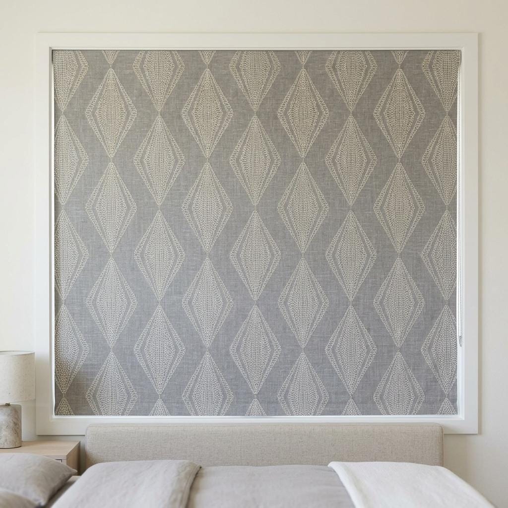 Gray Linen Roman Shade, Ivory Sage Embroidered Diamond Blind, Custom Corded Window Shade, Blackout or Cotton Lined — image 8