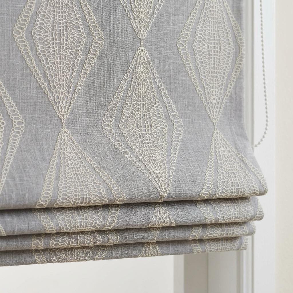 Gray Linen Roman Shade, Ivory Sage Embroidered Diamond Blind, Custom Corded Window Shade, Blackout or Cotton Lined — image 1