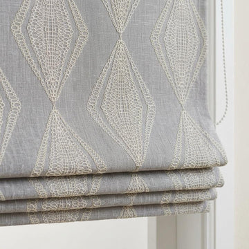 Gray Linen Roman Shade, Ivory Sage Embroidered Diamond Blind, Custom Corded Window Shade, Blackout or Cotton Lined — image 1