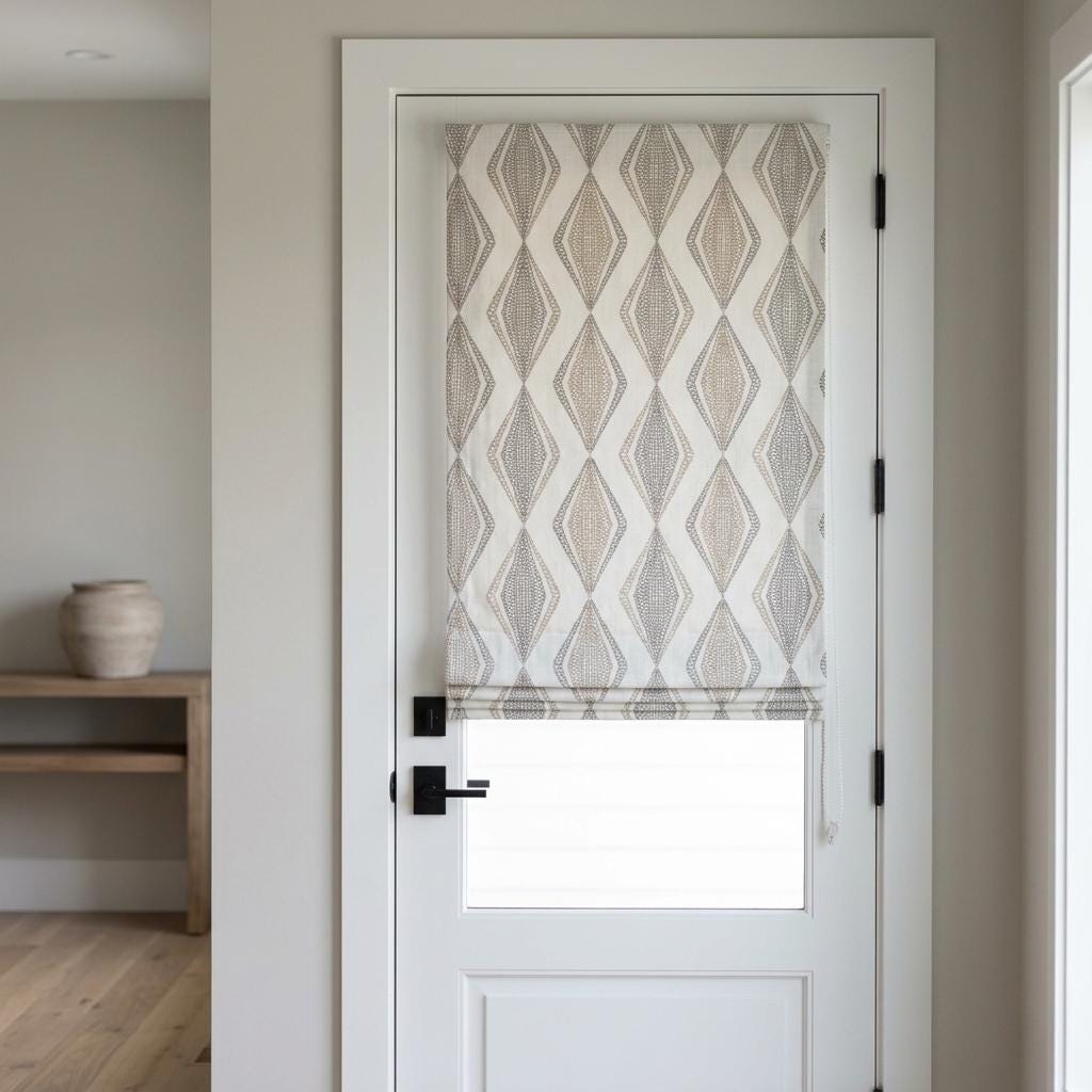 White Linen Roman Shade, Beige Gray Embroidered Diamond Blind, Custom Corded Window Shade, Blackout or Cotton Lined — image 1