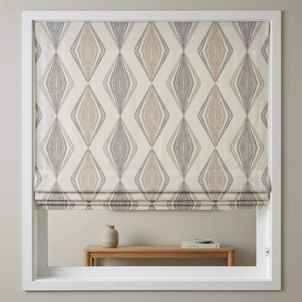 White Linen Roman Shade, Beige Gray Embroidered Diamond Blind, Custom Corded Window Shade, Blackout or Cotton Lined — image 1