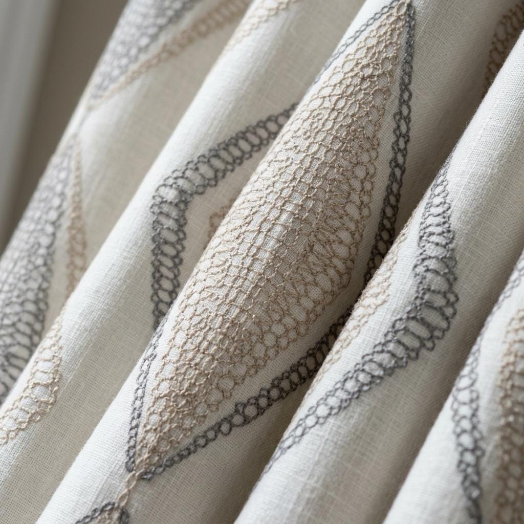 Ivory Linen Embroidered Curtains, Taupe Beige Diamond Ogee Drapes, Custom Blackout or Cotton Lined Panels — image 4
