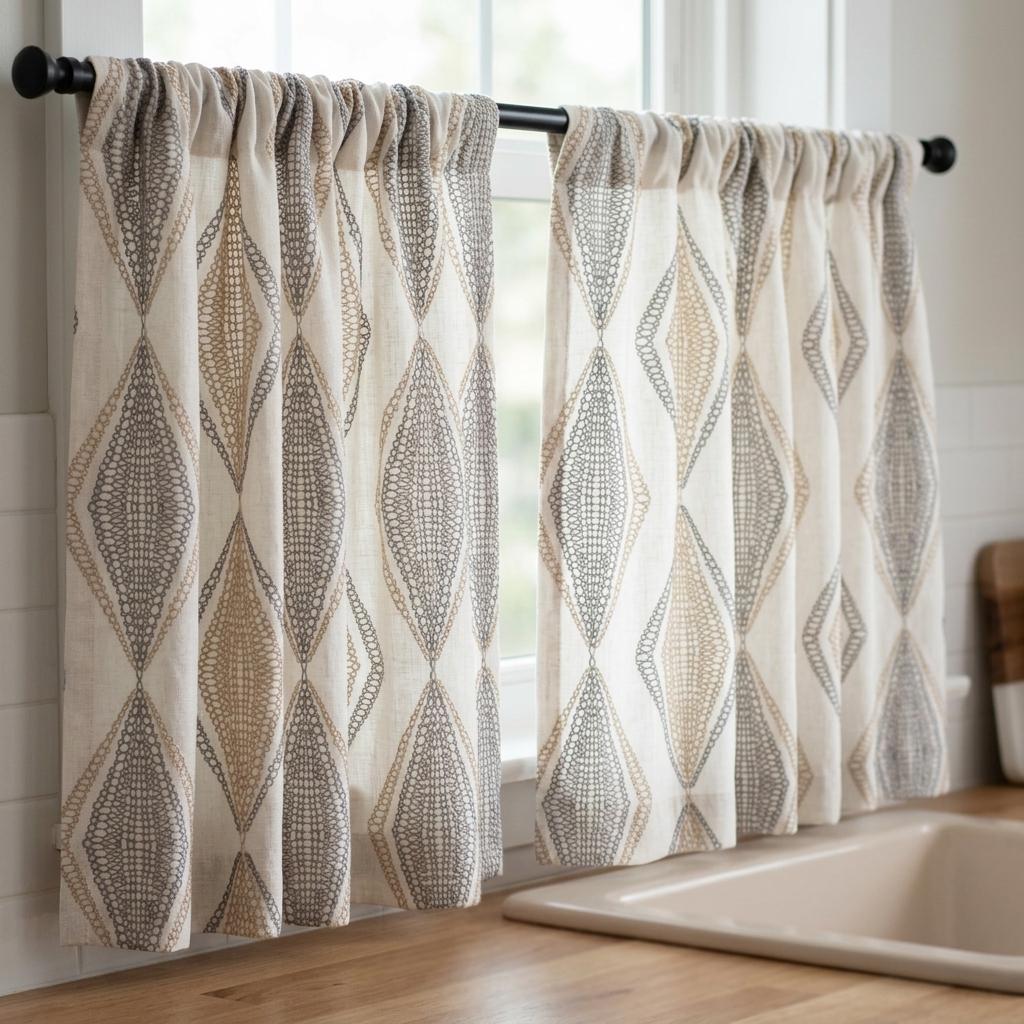 Ivory Linen Embroidered Curtains, Taupe Beige Diamond Ogee Drapes, Custom Blackout or Cotton Lined Panels — image 5
