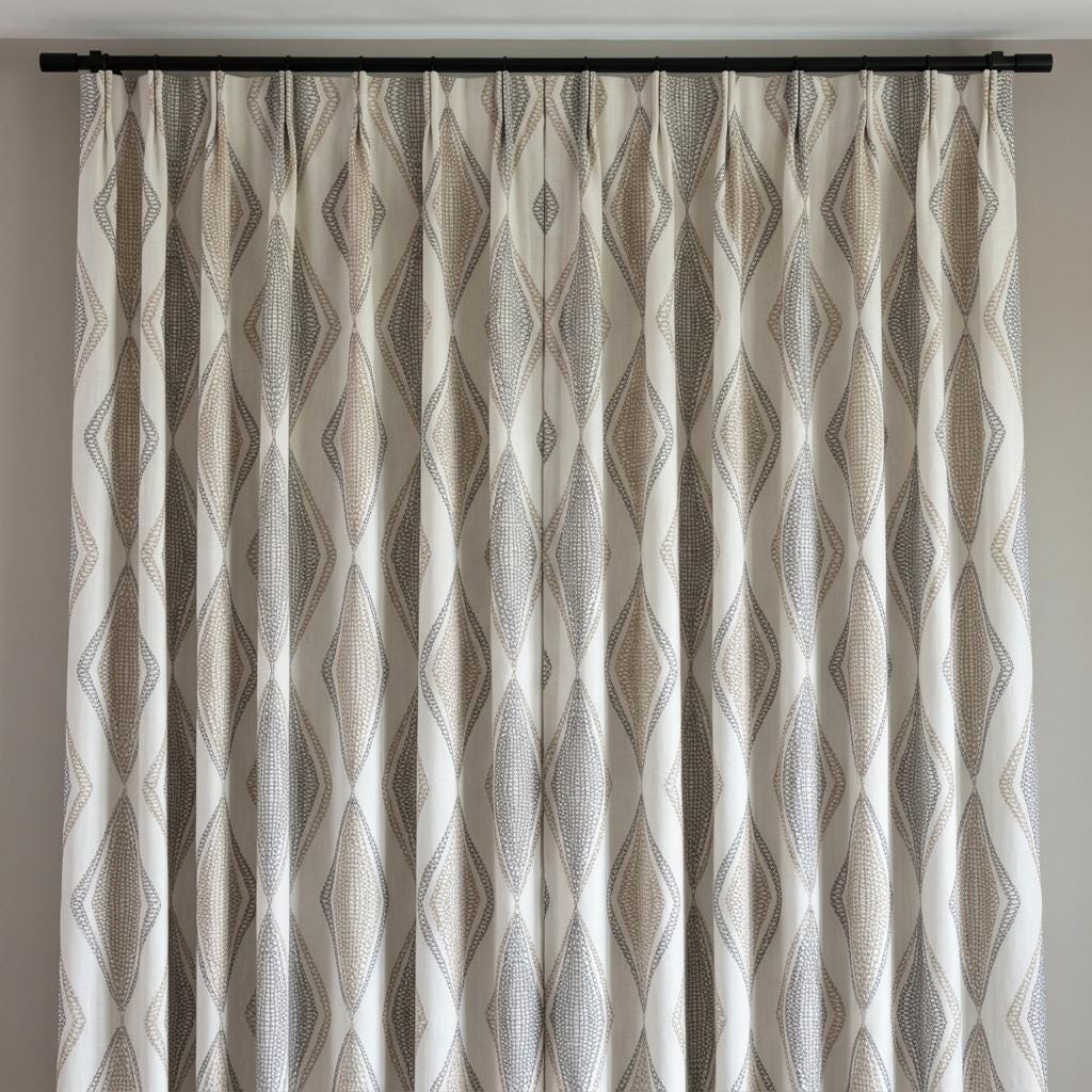 Ivory Linen Embroidered Curtains, Taupe Beige Diamond Ogee Drapes, Custom Blackout or Cotton Lined Panels — image 6