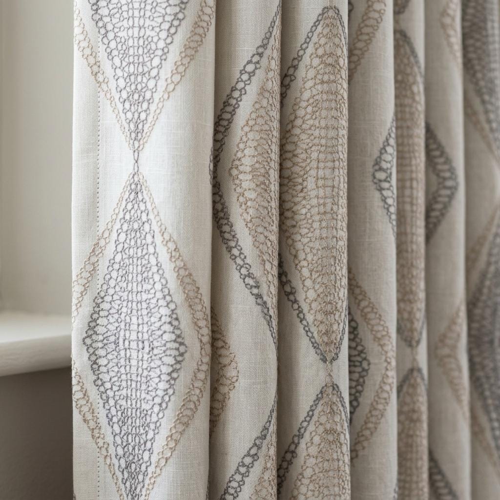 Ivory Linen Embroidered Curtains, Taupe Beige Diamond Ogee Drapes, Custom Blackout or Cotton Lined Panels — image 1