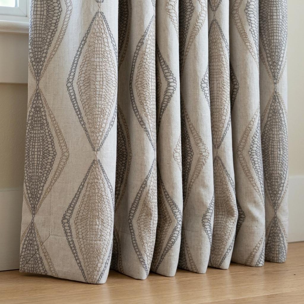 Ivory Linen Embroidered Curtains, Taupe Beige Diamond Ogee Drapes, Custom Blackout or Cotton Lined Panels — image 7