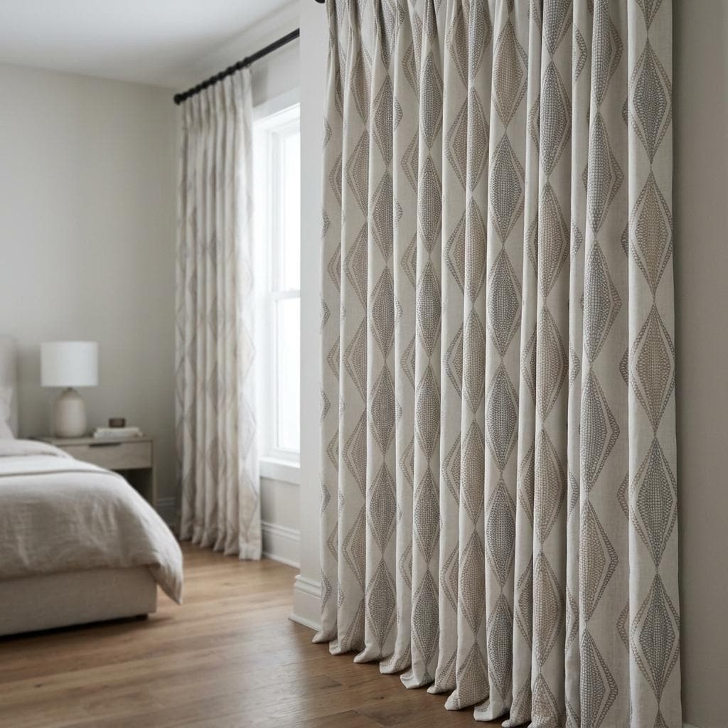 Ivory Linen Embroidered Curtains, Taupe Beige Diamond Ogee Drapes, Custom Blackout or Cotton Lined Panels — image 8