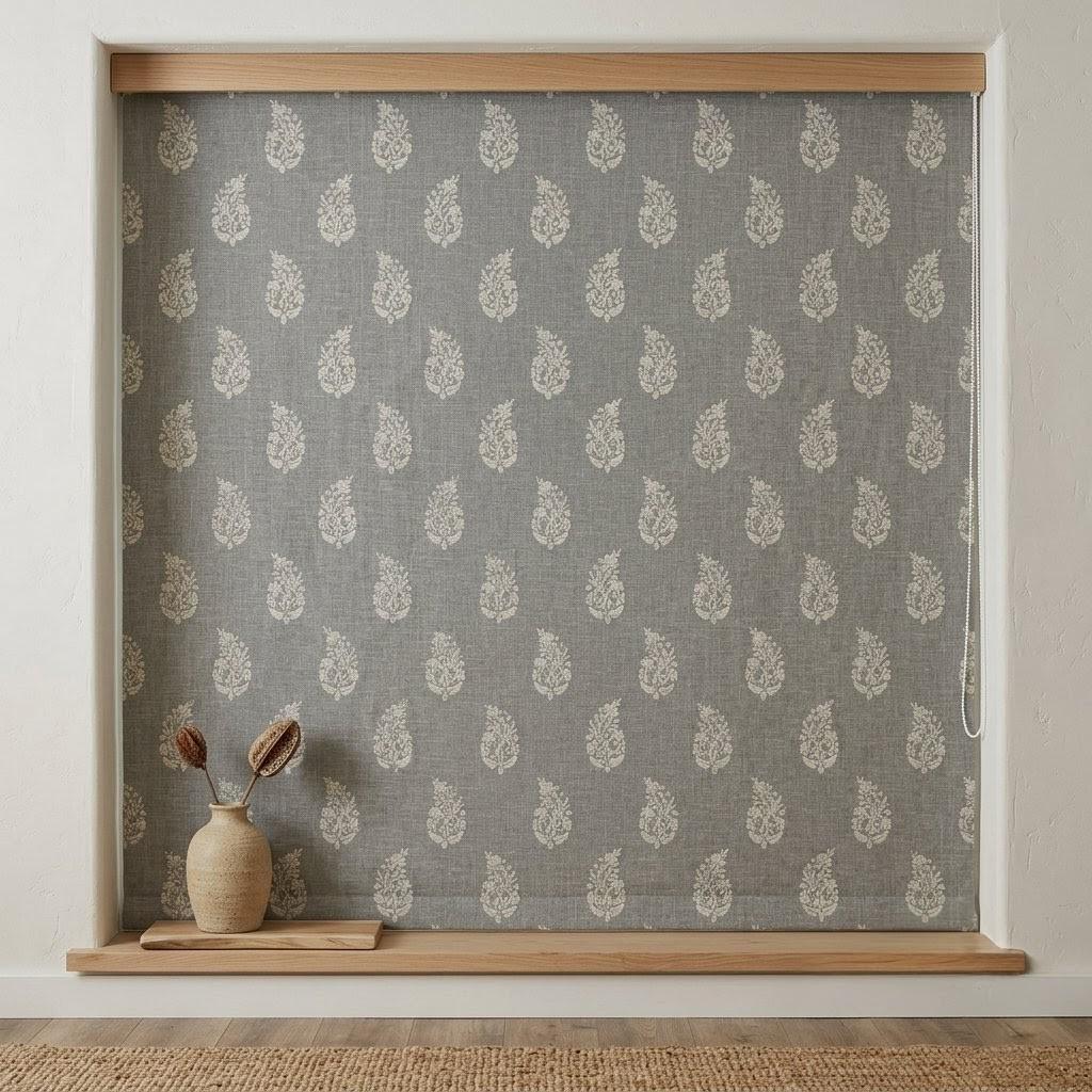 Gray Embroidered Linen Roman Shade, Custom Blackout Roman Blind, Ivory Floral Botanical Window Shades, Corded Fabric Blinds — image 5