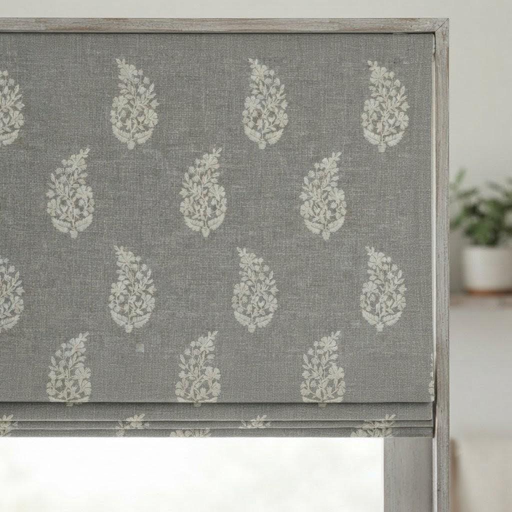 Gray Embroidered Linen Roman Shade, Custom Blackout Roman Blind, Ivory Floral Botanical Window Shades, Corded Fabric Blinds — image 6