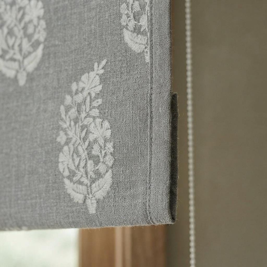 Gray Embroidered Linen Roman Shade, Custom Blackout Roman Blind, Ivory Floral Botanical Window Shades, Corded Fabric Blinds — image 7
