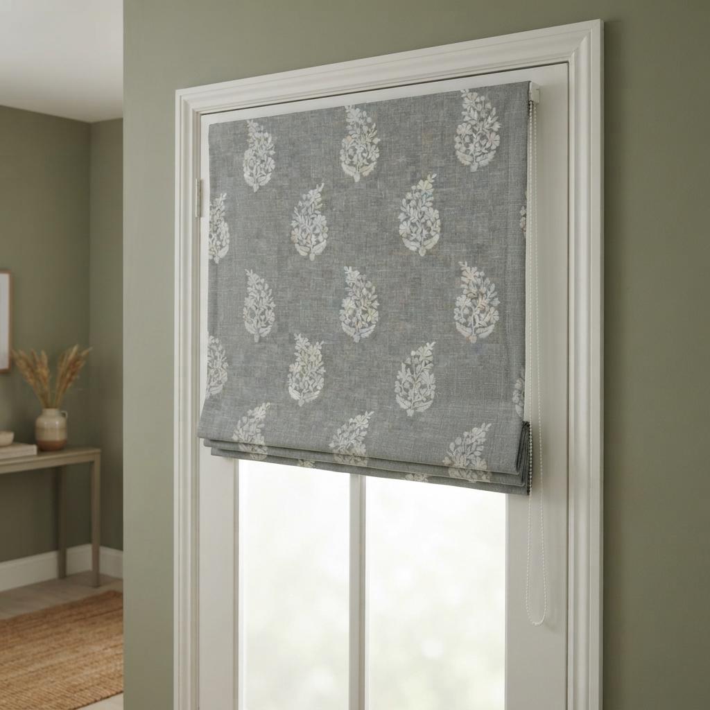 Gray Embroidered Linen Roman Shade, Custom Blackout Roman Blind, Ivory Floral Botanical Window Shades, Corded Fabric Blinds — image 8
