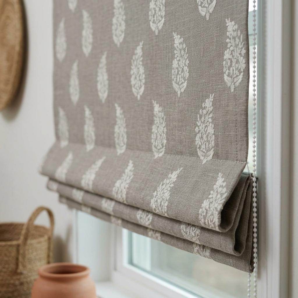 Gray Embroidered Linen Roman Shade, Custom Blackout Roman Blind, Ivory Floral Botanical Window Shades, Corded Fabric Blinds — image 10