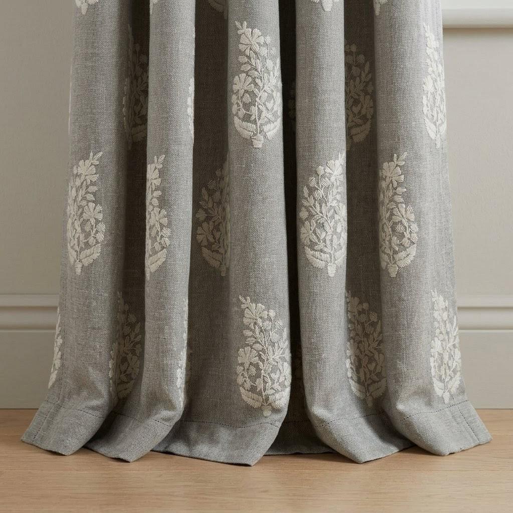 Gray Pure Linen Embroidered Curtains, Ivory Floral Botanical Drapes, Custom Blackout or Cotton Lined Panels — image 6