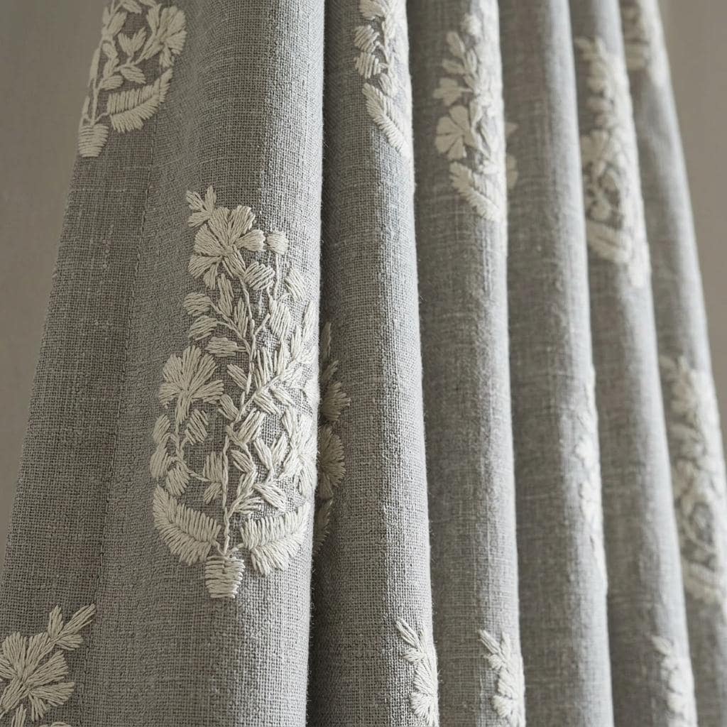 Gray Pure Linen Embroidered Curtains, Ivory Floral Botanical Drapes, Custom Blackout or Cotton Lined Panels — image 1