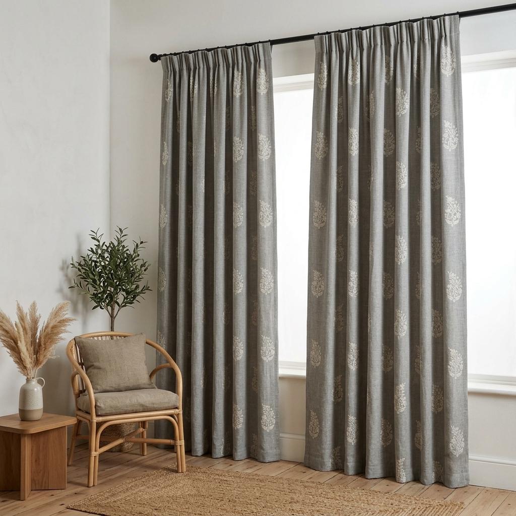 Gray Pure Linen Embroidered Curtains, Ivory Floral Botanical Drapes, Custom Blackout or Cotton Lined Panels — image 7