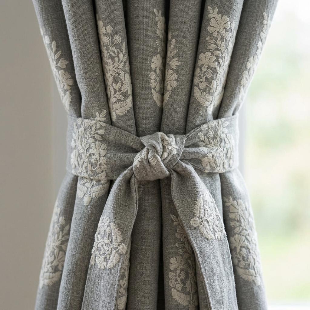 Gray Pure Linen Embroidered Curtains, Ivory Floral Botanical Drapes, Custom Blackout or Cotton Lined Panels — image 2