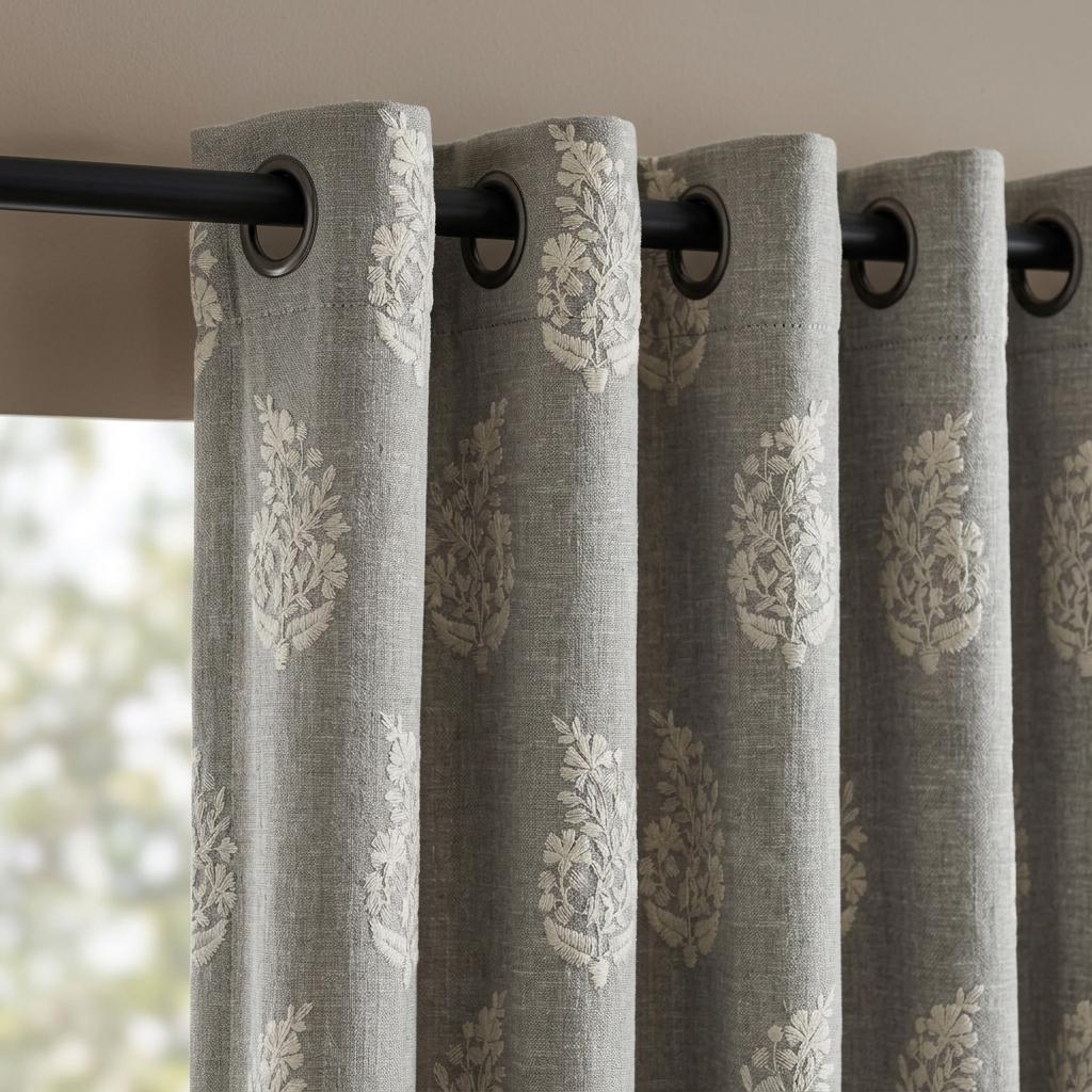 Gray Pure Linen Embroidered Curtains, Ivory Floral Botanical Drapes, Custom Blackout or Cotton Lined Panels — image 4