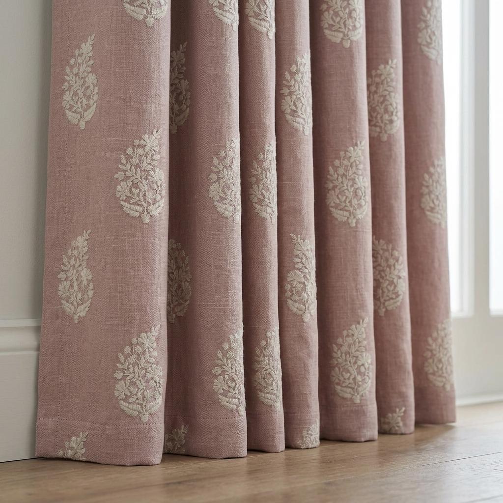 Dusty Rose Pink Heavy Pure Linen Curtains, Ivory Floral Embroidered Drapes, Custom Blackout or Cotton Lined Cafe Curtains — image 4