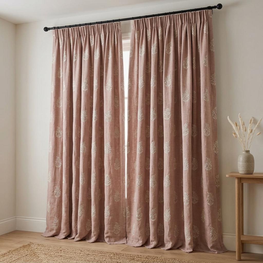 Dusty Rose Pink Heavy Pure Linen Curtains, Ivory Floral Embroidered Drapes, Custom Blackout or Cotton Lined Cafe Curtains — image 7