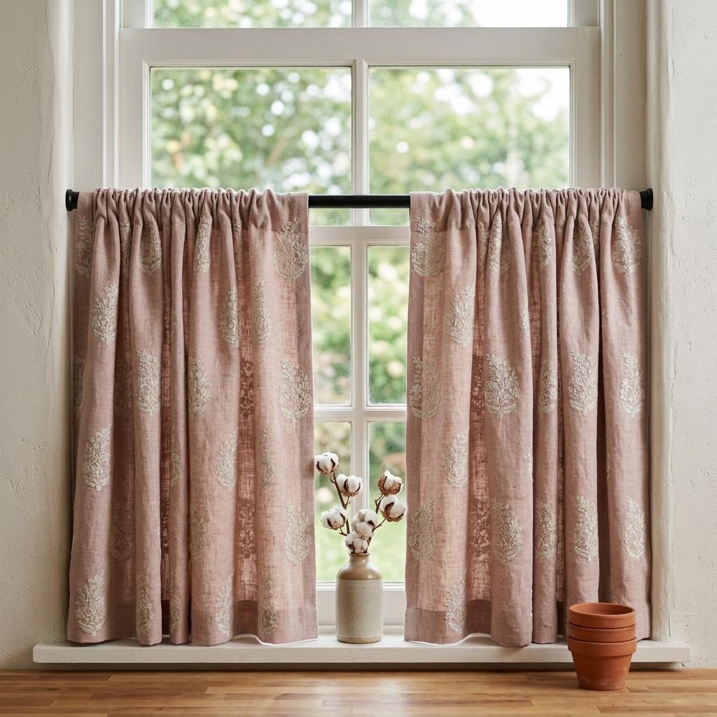 Dusty Rose Pink Heavy Pure Linen Curtains, Ivory Floral Embroidered Drapes, Custom Blackout or Cotton Lined Cafe Curtains — image 5