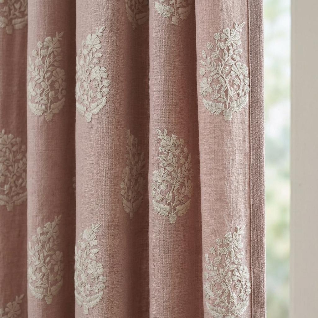 Dusty Rose Pink Heavy Pure Linen Curtains, Ivory Floral Embroidered Drapes, Custom Blackout or Cotton Lined Cafe Curtains — image 8