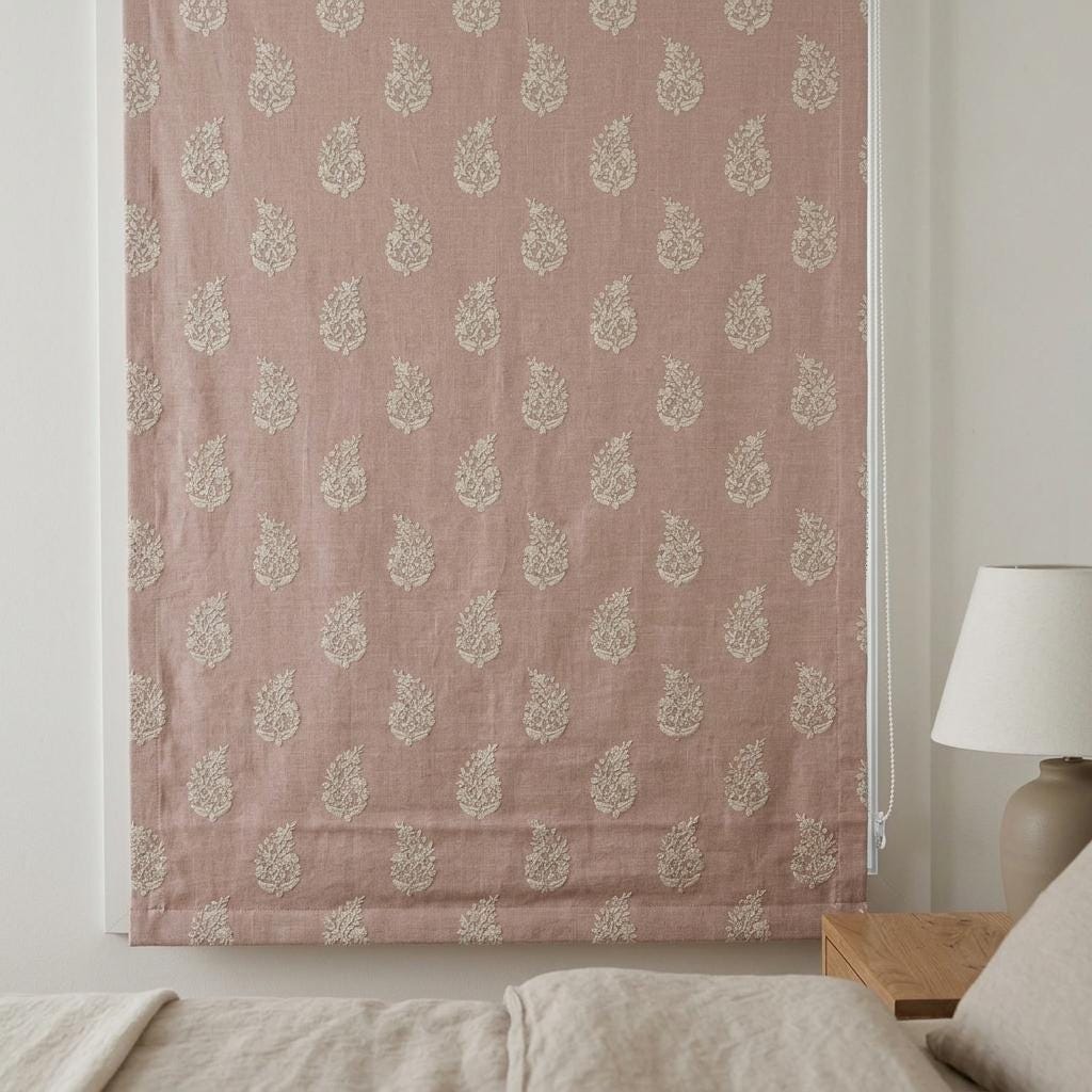 Blush Pink Linen Roman Shade, Ivory Embroidered Floral Paisley Roman Blind, Custom Size Blackout Corded Window Shade — image 5