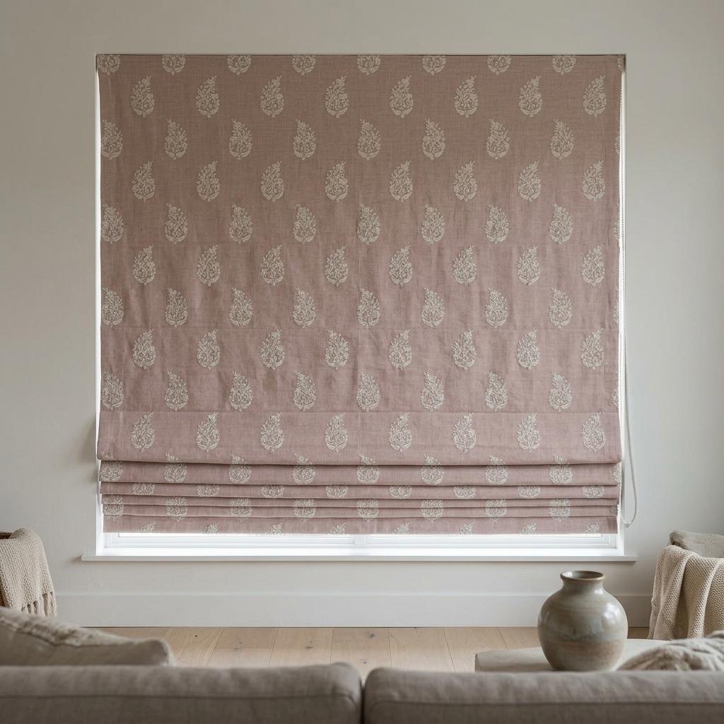 Blush Pink Linen Roman Shade, Ivory Embroidered Floral Paisley Roman Blind, Custom Size Blackout Corded Window Shade — image 8