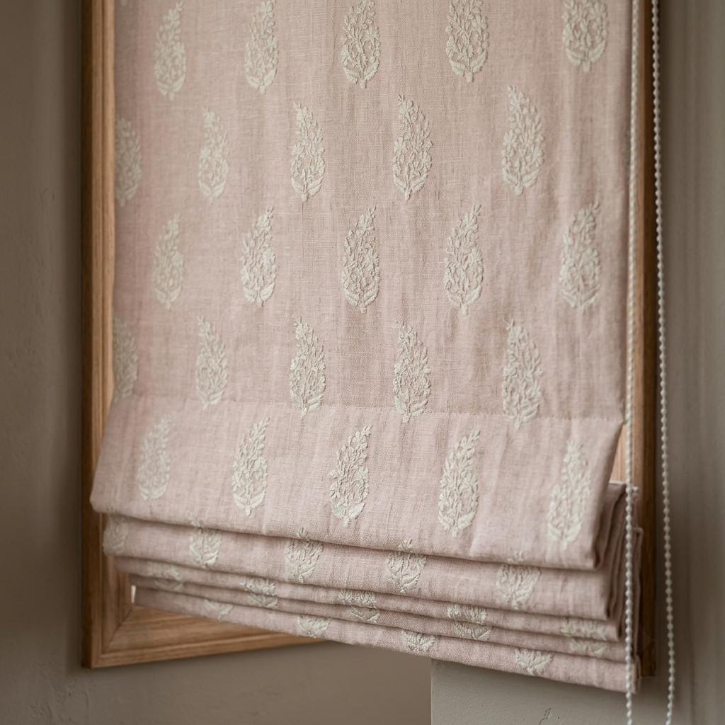 Blush Pink Linen Roman Shade, Ivory Embroidered Floral Paisley Roman Blind, Custom Size Blackout Corded Window Shade — image 6