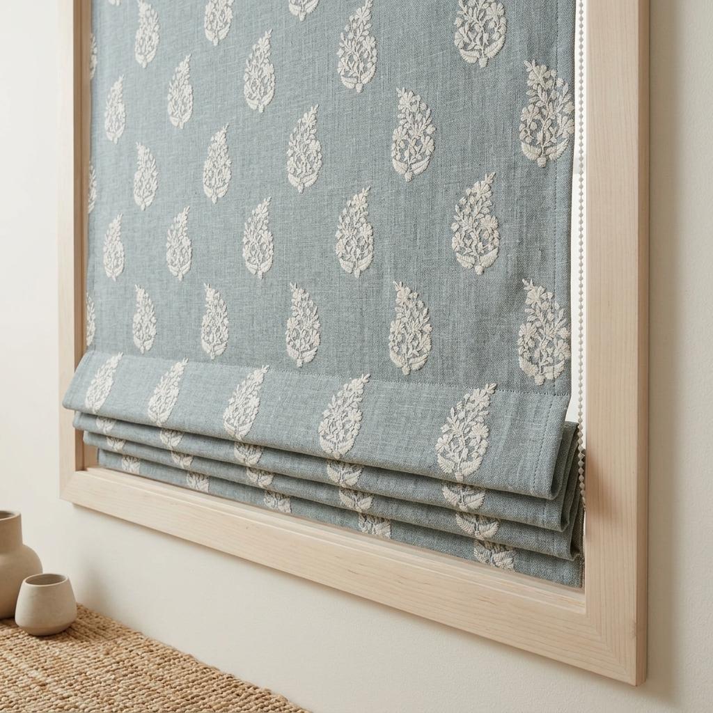 Blue Grey Linen Roman Shade, Ivory Embroidered Floral Paisley Roman Blind, Custom Corded Blackout Window Shade — image 5
