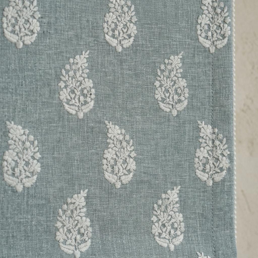 Blue Grey Linen Roman Shade, Ivory Embroidered Floral Paisley Roman Blind, Custom Corded Blackout Window Shade — image 6