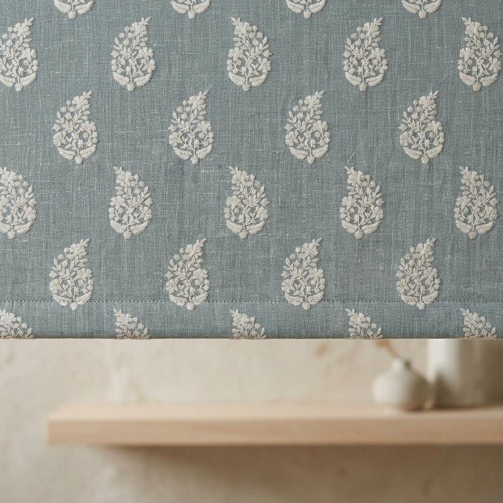 Blue Grey Linen Roman Shade, Ivory Embroidered Floral Paisley Roman Blind, Custom Corded Blackout Window Shade — image 8