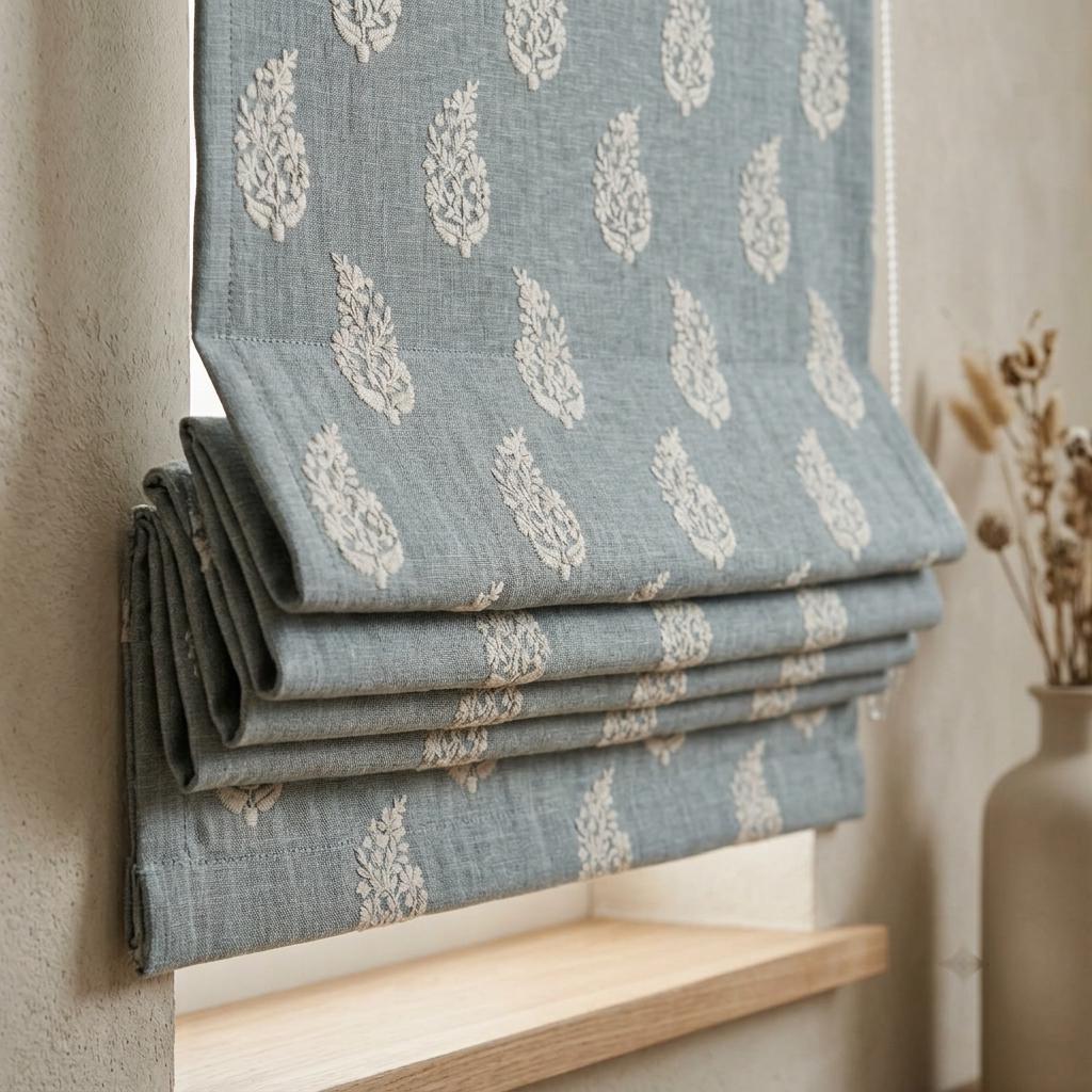 Blue Grey Linen Roman Shade, Ivory Embroidered Floral Paisley Roman Blind, Custom Corded Blackout Window Shade — image 1