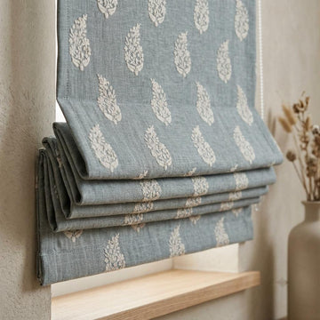 Blue Grey Linen Roman Shade, Ivory Embroidered Floral Paisley Roman Blind, Custom Corded Blackout Window Shade — image 1