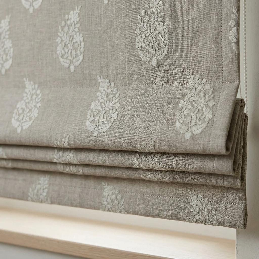 Taupe Greige Linen Roman Shade, Ivory Botanical Embroidered Corded Custom Roman Blind, Blackout Light Filtering Shade — image 1