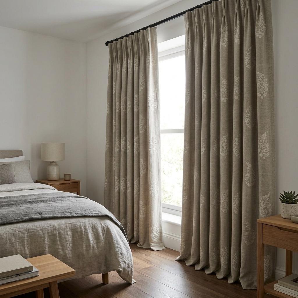 Taupe Greige Heavy Pure Linen Curtains, Ivory Floral Embroidered Drapes, Custom Blackout or Cotton Lined Panels — image 2