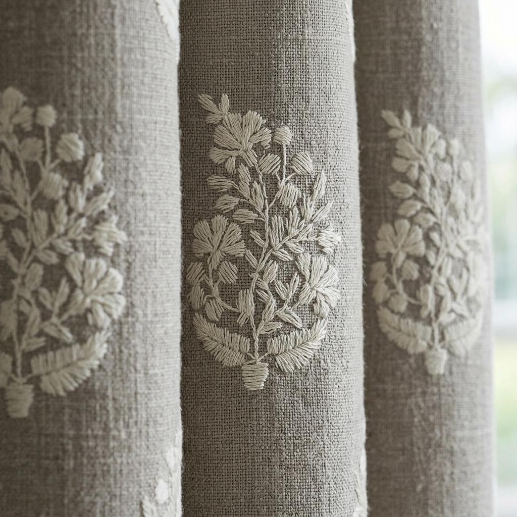 Taupe Greige Heavy Pure Linen Curtains, Ivory Floral Embroidered Drapes, Custom Blackout or Cotton Lined Panels — image 10