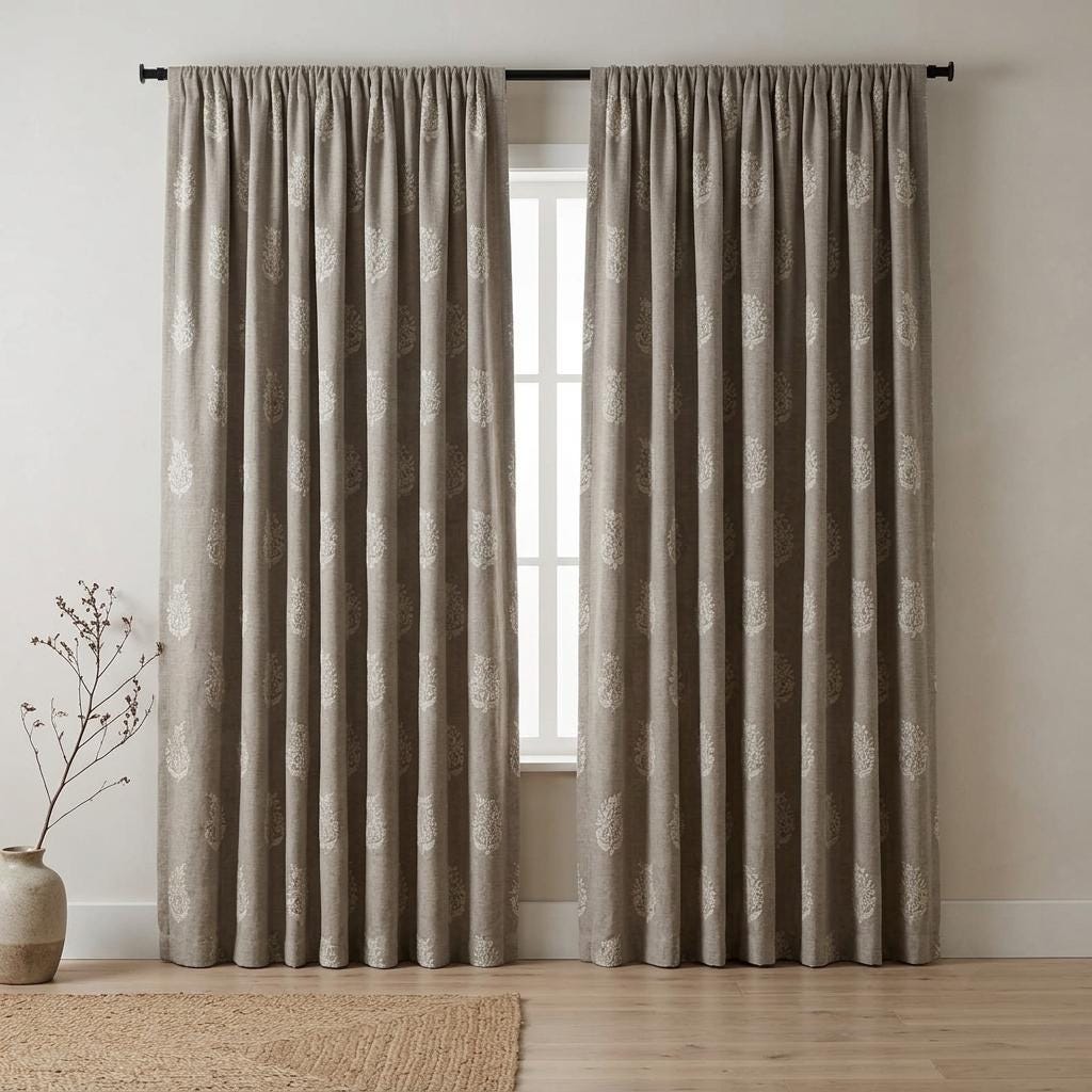 Taupe Greige Heavy Pure Linen Curtains, Ivory Floral Embroidered Drapes, Custom Blackout or Cotton Lined Panels — image 5