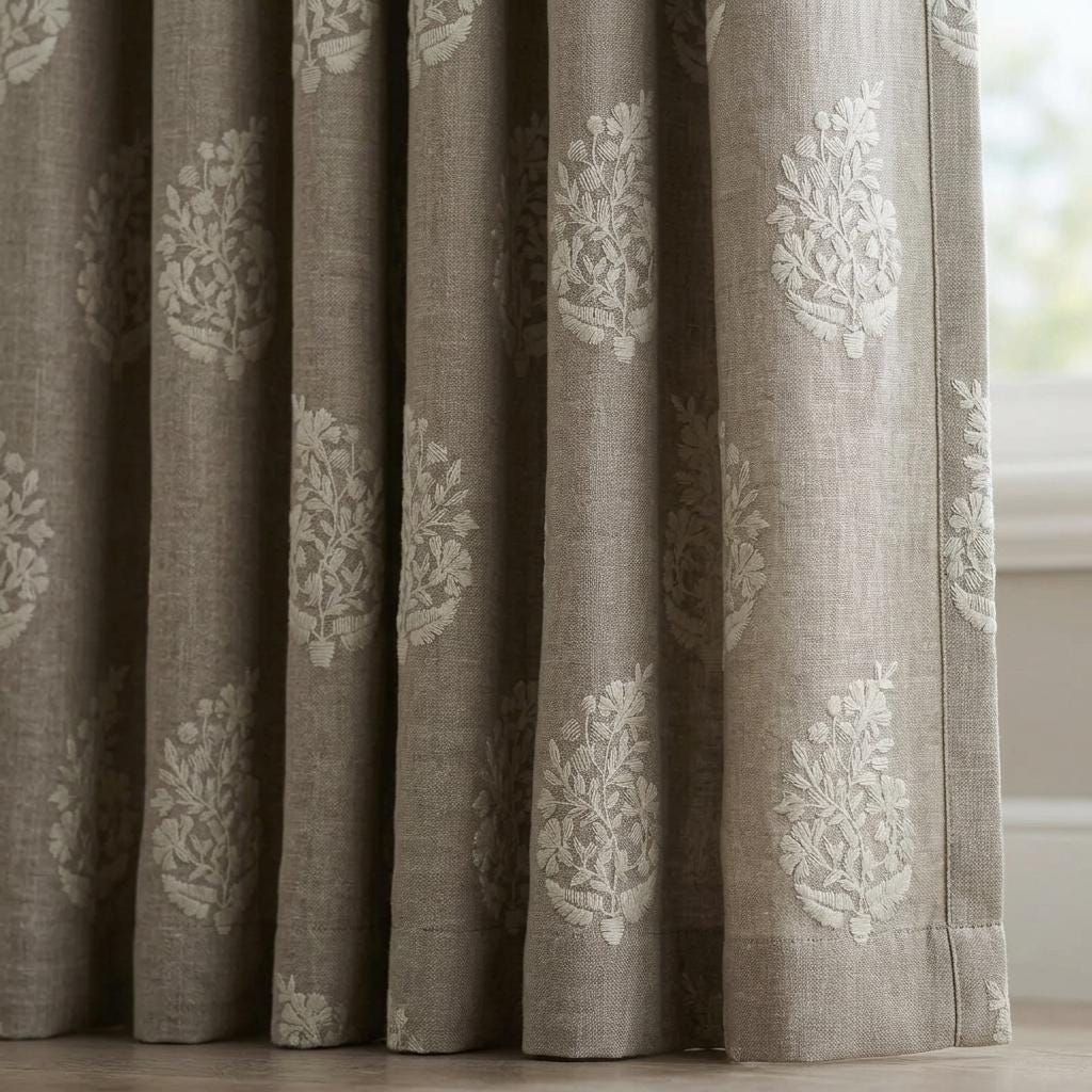 Taupe Greige Heavy Pure Linen Curtains, Ivory Floral Embroidered Drapes, Custom Blackout or Cotton Lined Panels — image 6