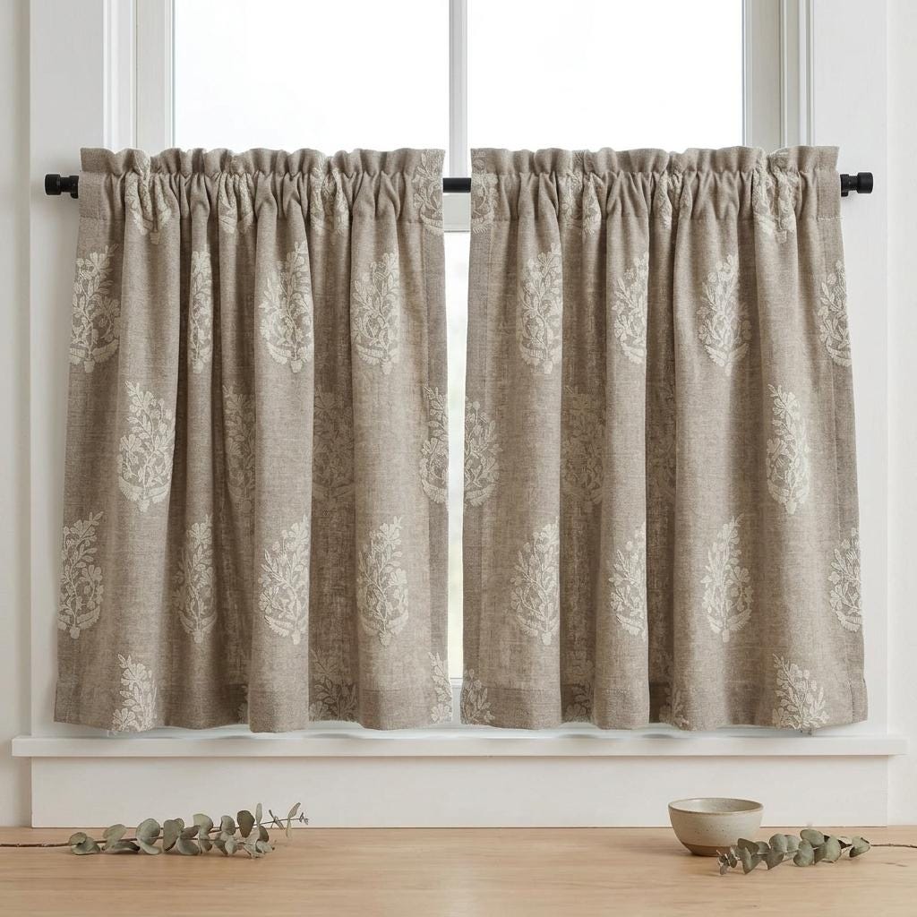 Taupe Greige Heavy Pure Linen Curtains, Ivory Floral Embroidered Drapes, Custom Blackout or Cotton Lined Panels — image 7