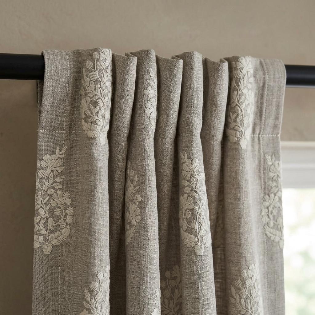 Taupe Greige Heavy Pure Linen Curtains, Ivory Floral Embroidered Drapes, Custom Blackout or Cotton Lined Panels — image 9