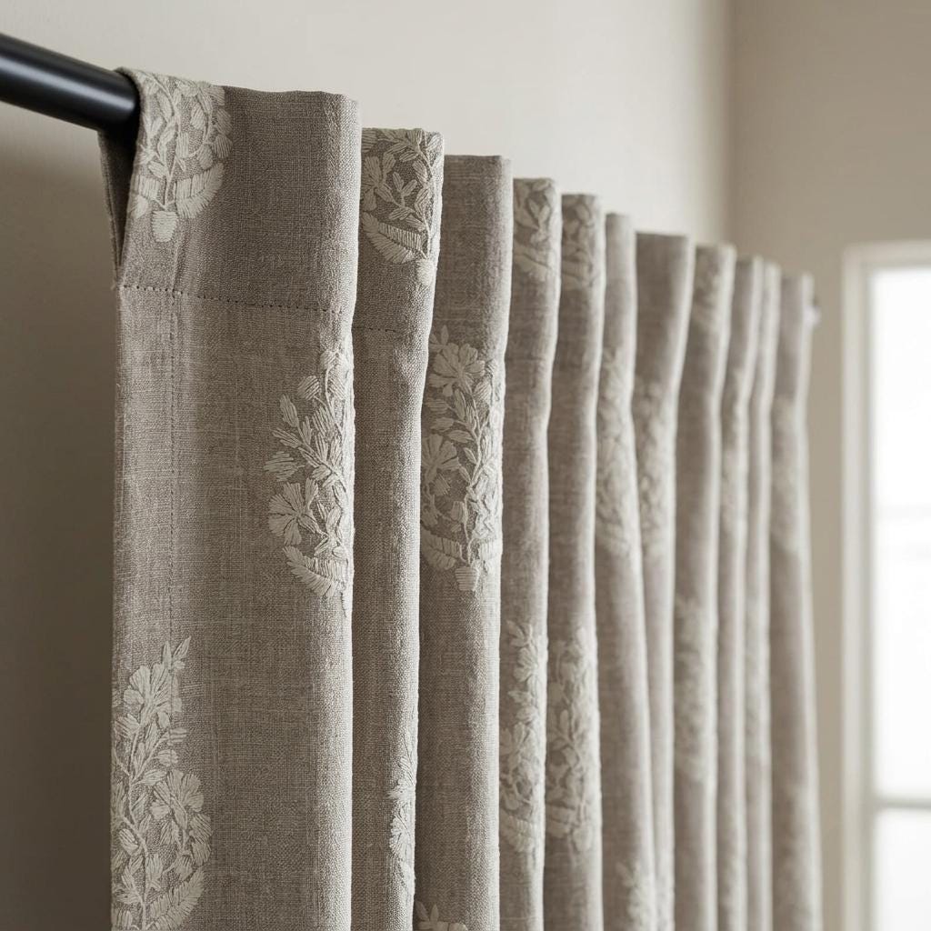Taupe Greige Heavy Pure Linen Curtains, Ivory Floral Embroidered Drapes, Custom Blackout or Cotton Lined Panels — image 8