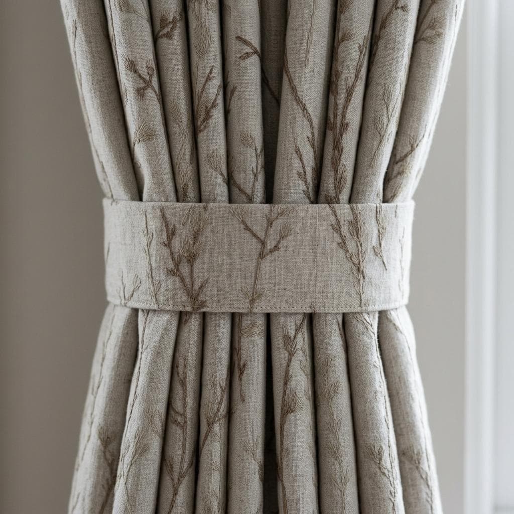 Natural Oatmeal Linen Embroidered Curtains, Beige Twig Botanical Drapes, Custom Blackout or Cotton Lined Panels — image 1