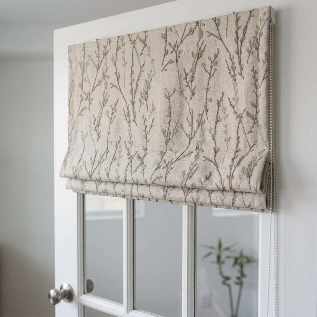 Natural Linen Roman Shade, Beige Taupe Embroidered Twig Blind, Custom Corded Window Shade, Blackout or Cotton Lined — image 4