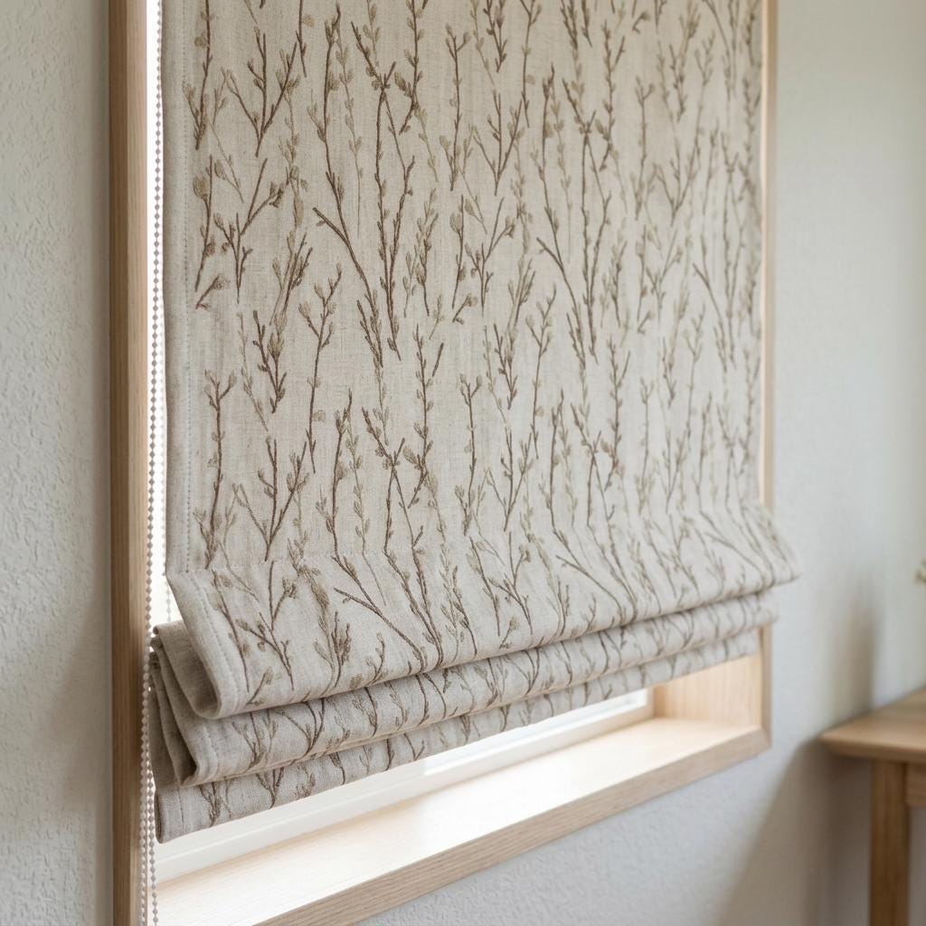 Natural Linen Roman Shade, Beige Taupe Embroidered Twig Blind, Custom Corded Window Shade, Blackout or Cotton Lined — image 6