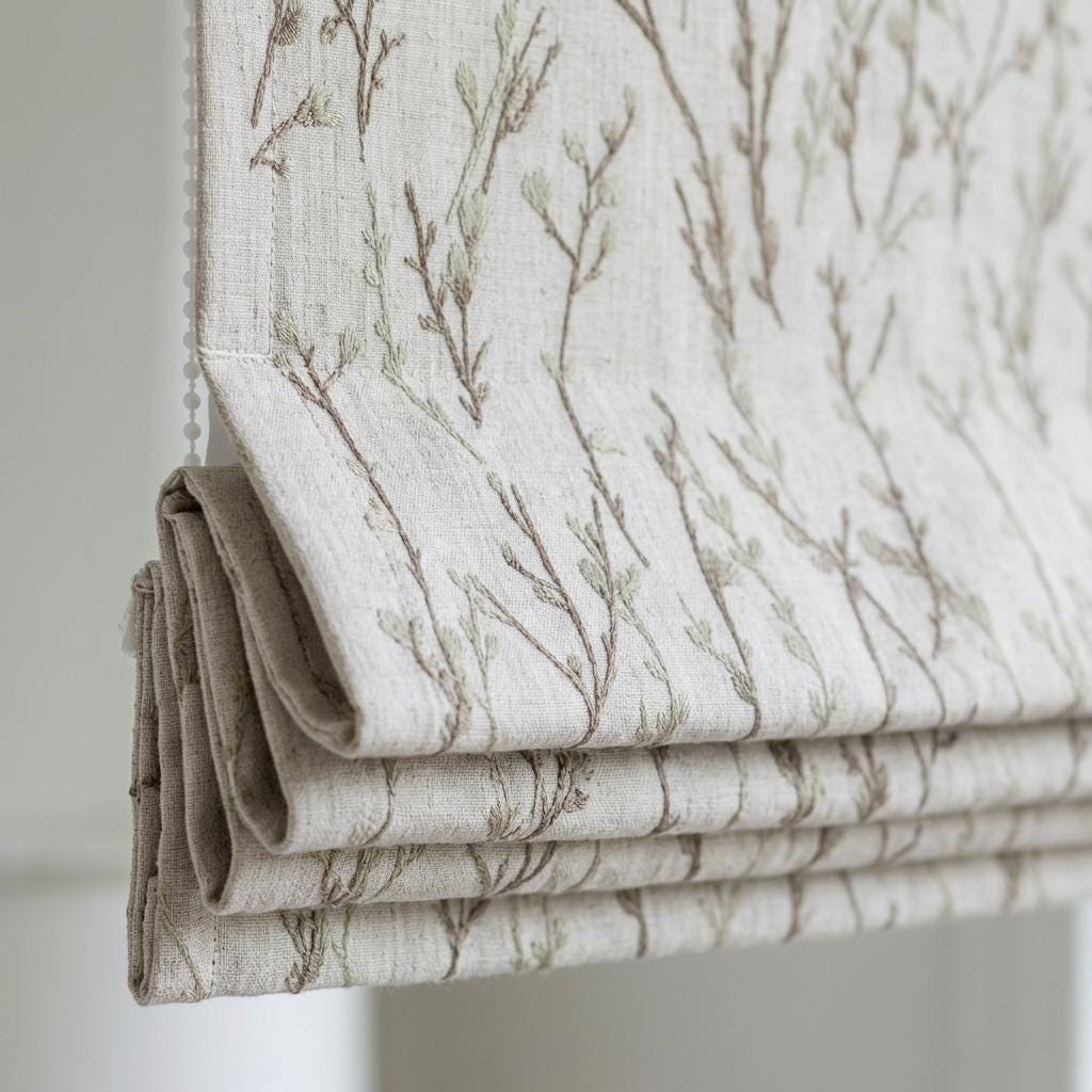 Natural Linen Roman Shade, Beige Taupe Embroidered Twig Blind, Custom Corded Window Shade, Blackout or Cotton Lined — image 3