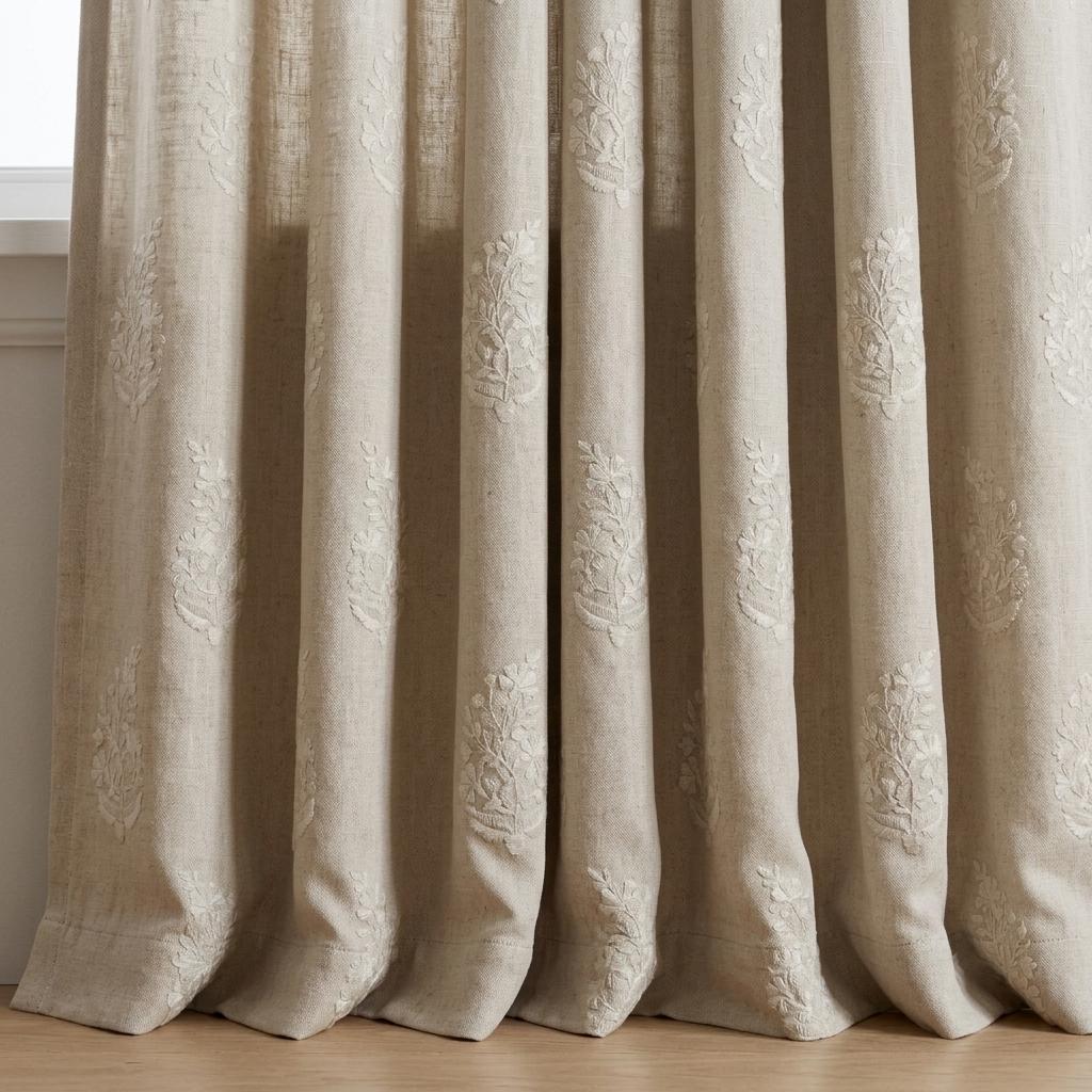 Natural Ivory Beige Heavy Pure Linen Curtains, Tone on Tone Floral Embroidered Drapes, Custom Blackout or Cotton Lined Panels — image 3