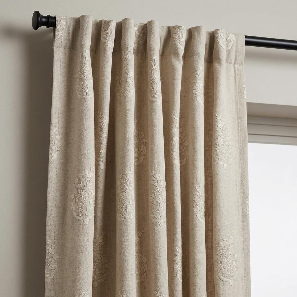 Natural Ivory Beige Heavy Pure Linen Curtains, Tone on Tone Floral Embroidered Drapes, Custom Blackout or Cotton Lined Panels — image 4